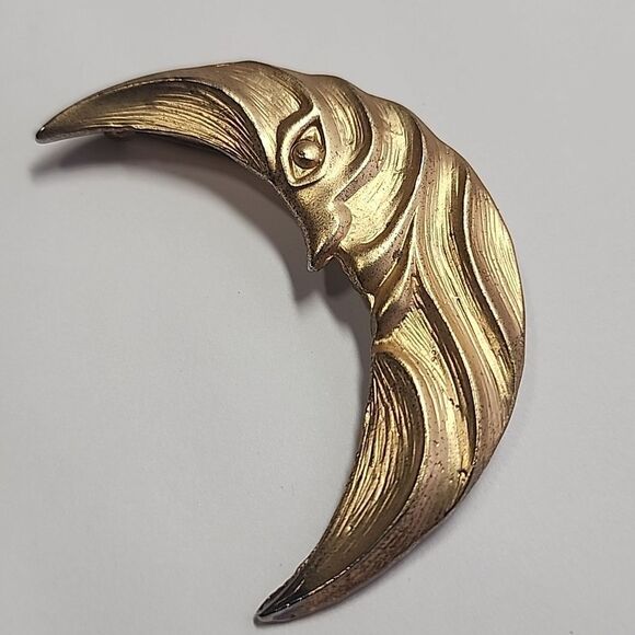 Crescent Moon Face Gold Tone Brooch Pin - Picture 2 of 5